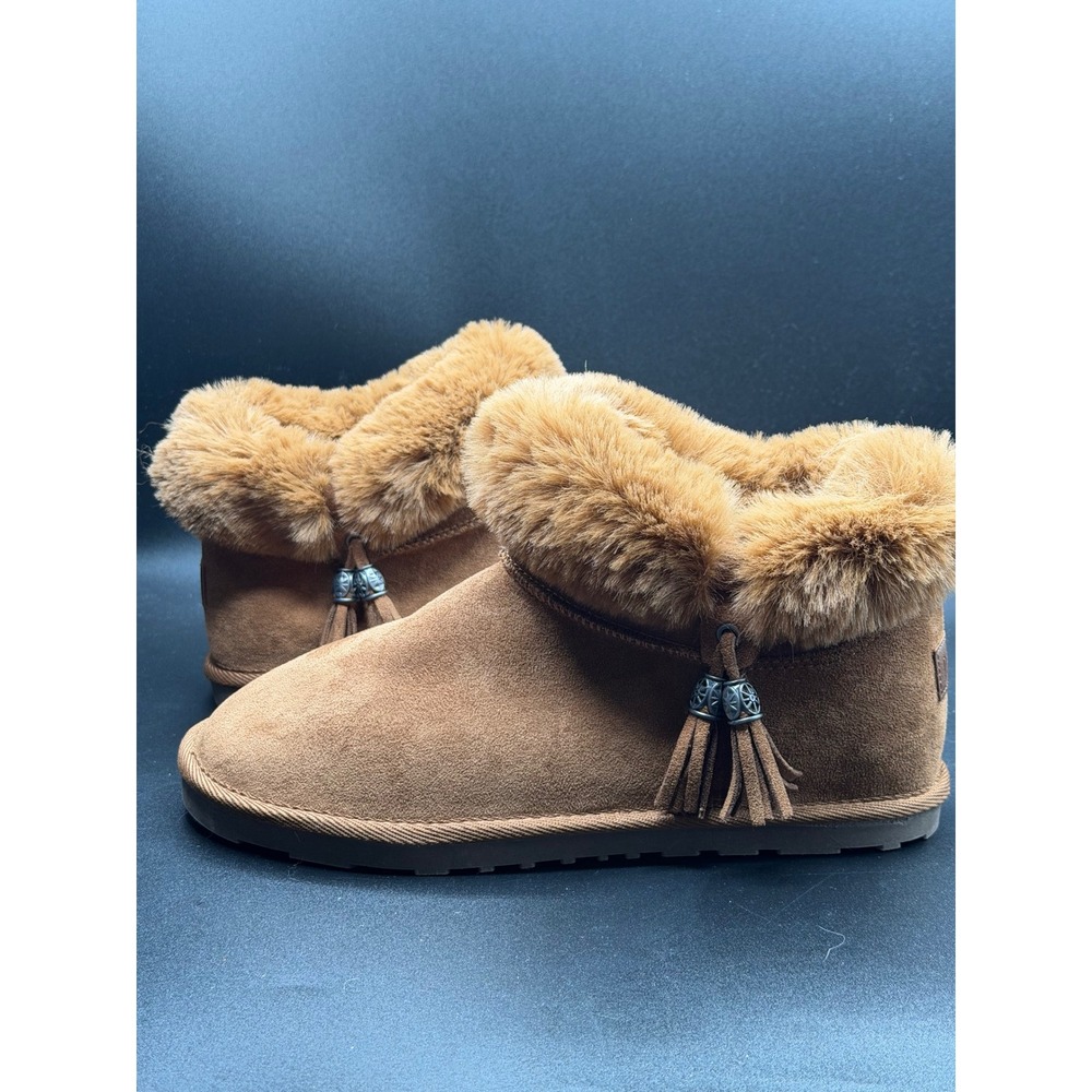 Dunes Womens Faux Suede Fur Collar Ankle Boots Chestnut Brown Tassel Size 9